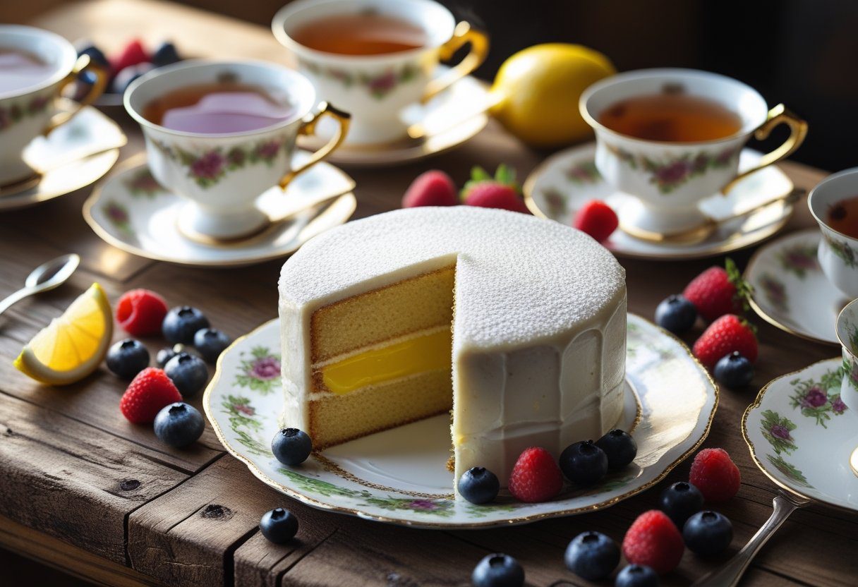 Mary Berry Lemon Curd Cake served as part of an afternoon tea setup with tea cups, fresh berries, and lemon wedges on wooden table.
