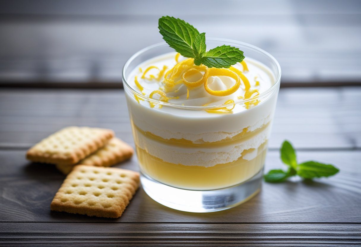 Mary Berry Lemon Syllabub easy recipe in a glass, creamy whipped lemon dessert garnished with mint and lemon zest, served with shortbread biscuits, light and airy British dessert