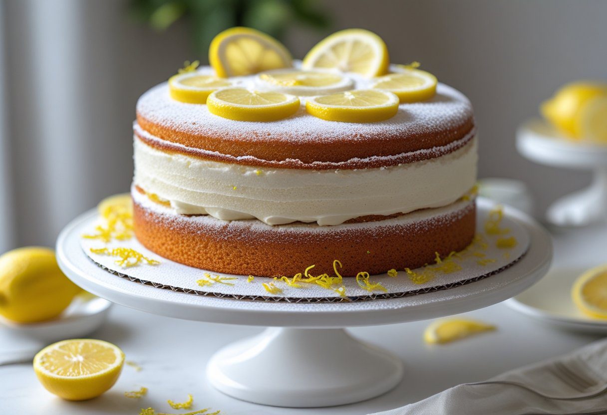 Mary Berry Lemon Victoria Sponge Easy Recipe on cake stand, topped with icing sugar and fresh lemon slices, light and fluffy layers visible, perfect British afternoon tea cake