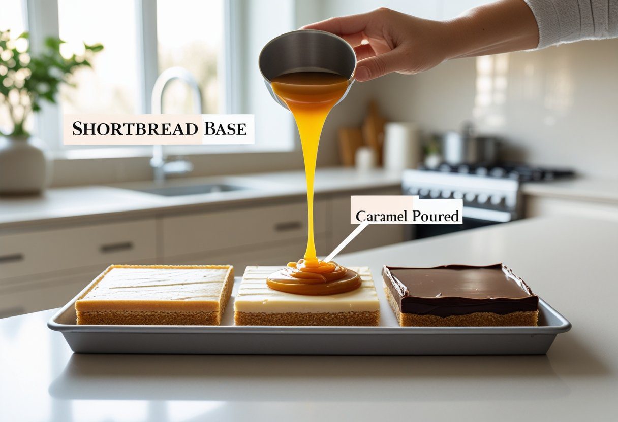 Mary Berry Millionaire Shortbread easy recipe pressing shortbread base, pouring caramel, spreading chocolate topping, simple homemade dessert guide