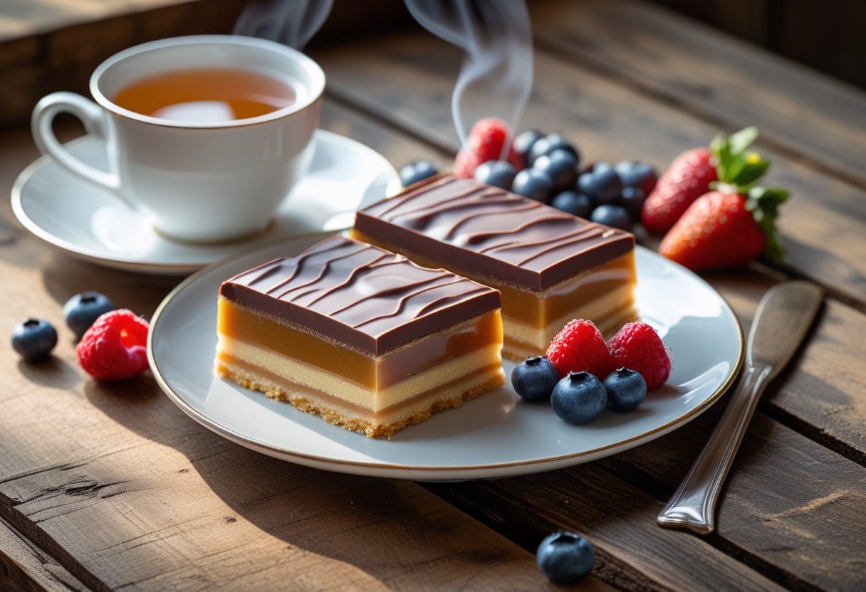 Mary Berry Millionaire Shortbread easy recipe served with English breakfast tea and fresh berries, perfect indulgent afternoon dessert at home