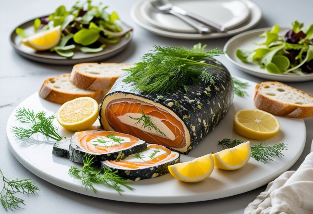 Mary Berry Salmon Terrine easy recipe sliced to show smoked salmon layers and creamy filling, garnished with dill and lemon, served with crusty bread and green salad