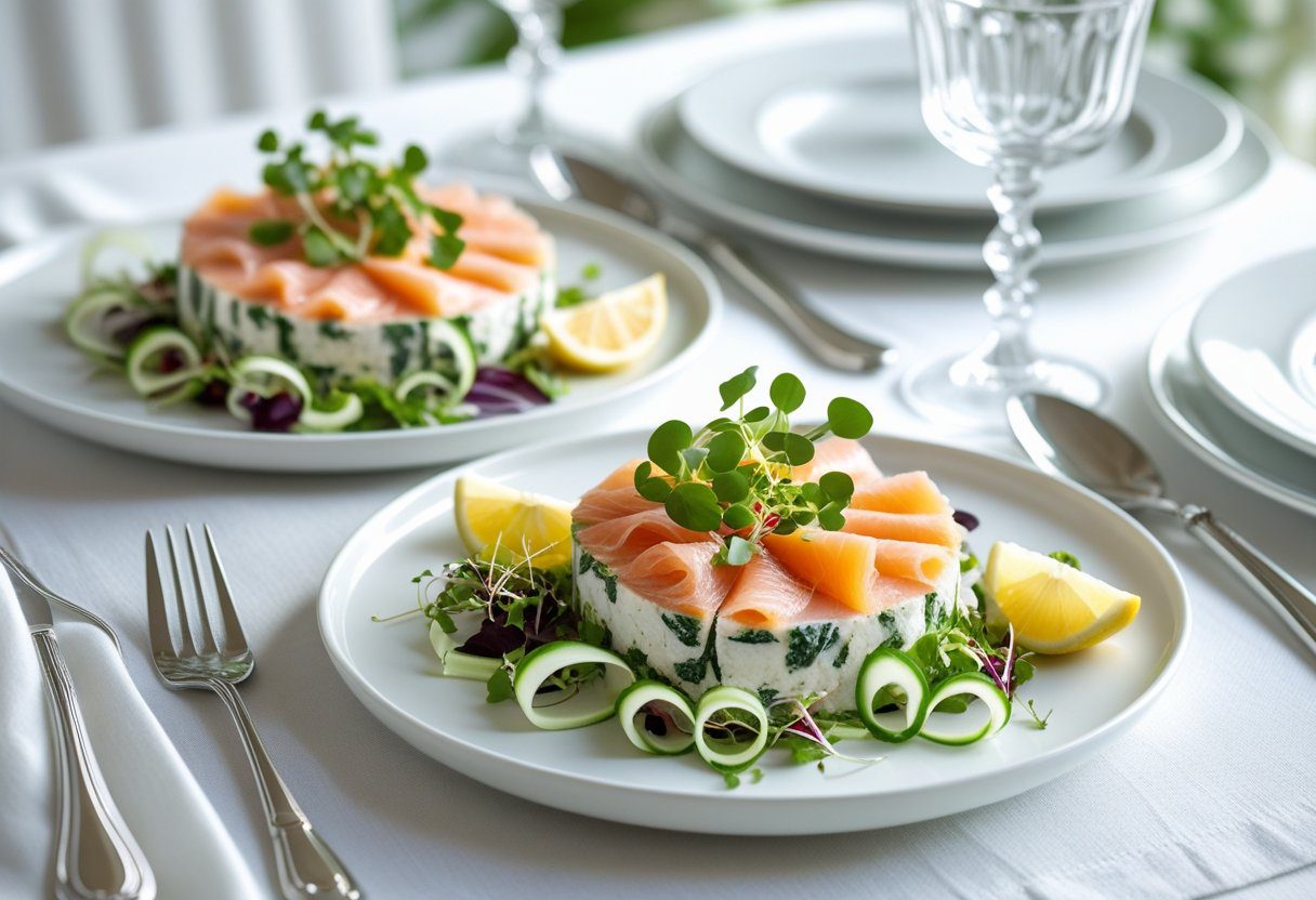 Mary Berry Salmon Terrine easy recipe slices served on plates with cucumber ribbons, lemon wedges, and salad, perfect for entertaining”