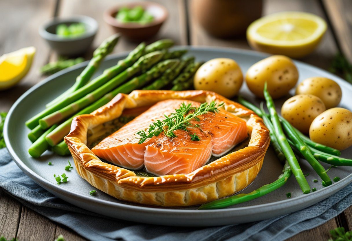 “Mary Berry Salmon en Croûte served with asparagus, green beans, and baby potatoes for a complete gourmet meal.