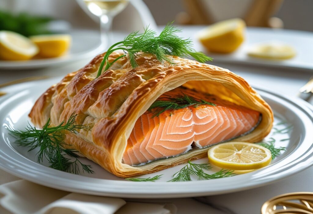 Mary Berry Salmon en Croûte with golden puff pastry, garnished with fresh dill and lemon slices, ready to serve as an easy gourmet dinne