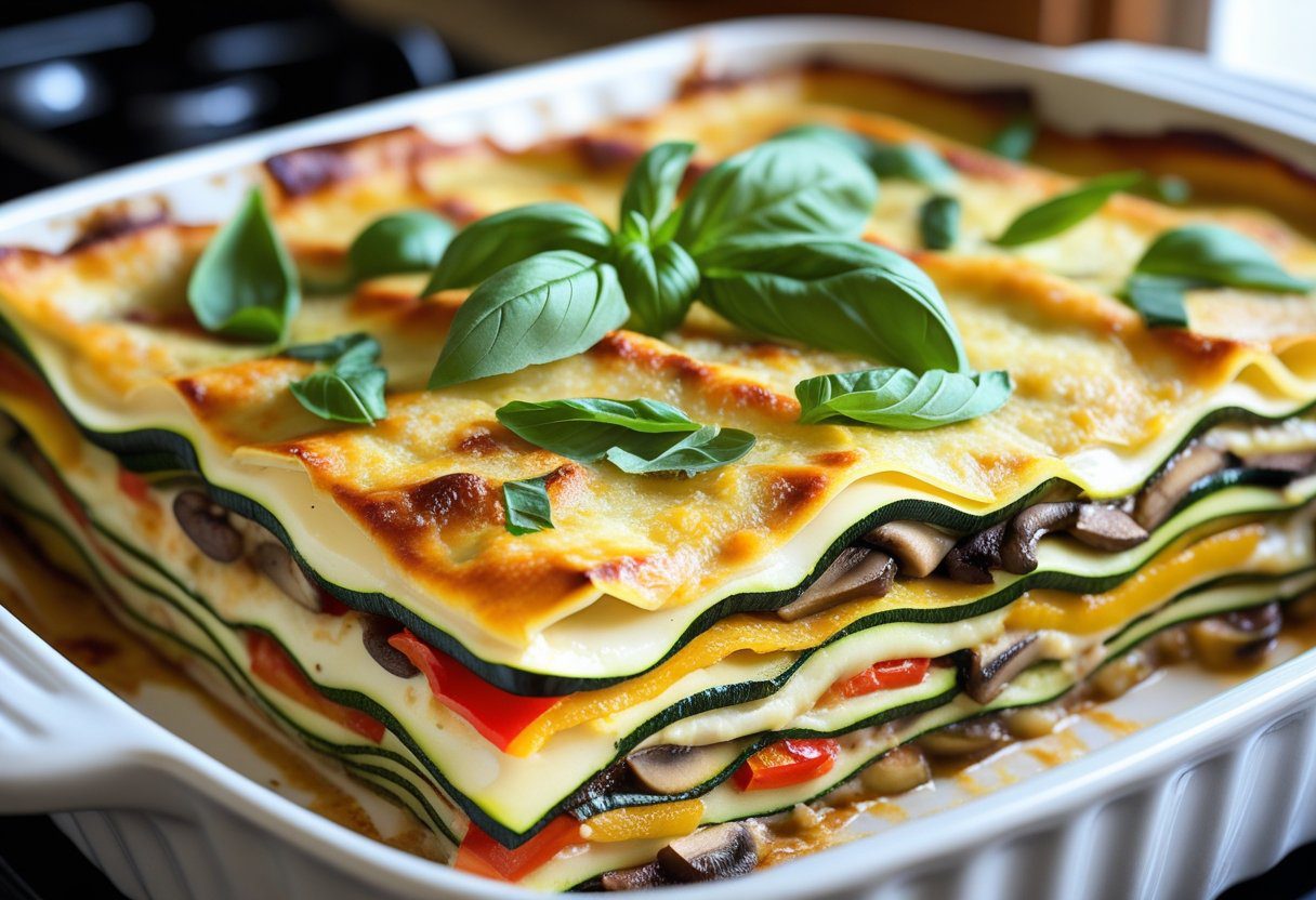 Mary Berry Vegetarian Lasagne Easy Recipe baked to perfection with creamy béchamel, sautéed vegetables, mozzarella, and Parmesan in a white baking dish, ready to serve