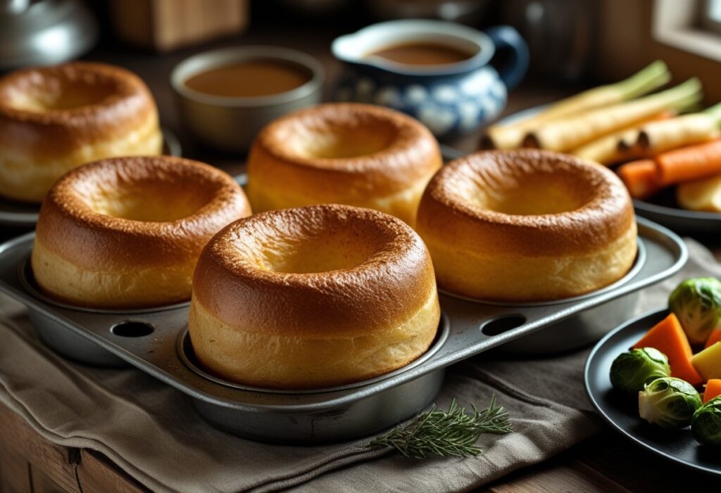 Mary Berry Yorkshire puddings for 4 people, crisp on the outside, airy inside, served with gravy and roasted vegetables, perfect British Sunday roast side dish.