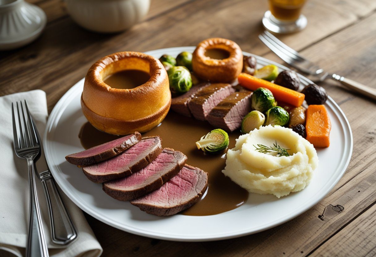 Mary Berry Yorkshire puddings served with roast beef, rich gravy, roasted vegetables, and mashed potatoes, complete British Sunday roast for 4 people.