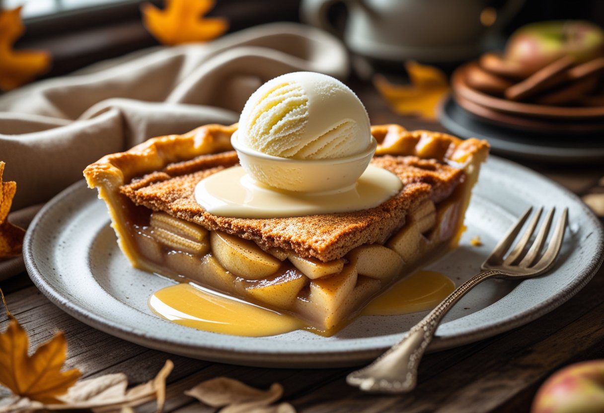 Mary Berry apple pie served warm with custard and ice cream as traditional British dessert