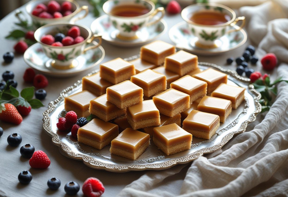 Mary Berry caramel shortbread dessert displayed on a festive table with teacups and berries, perfect for holiday dessert serving