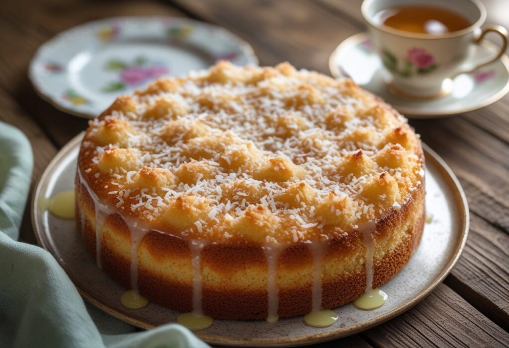 Mary Berry coconut cake recipe quick & delicious dessert – golden loaf topped with desiccated coconut and lime glaze, served with tea on a rustic wooden table