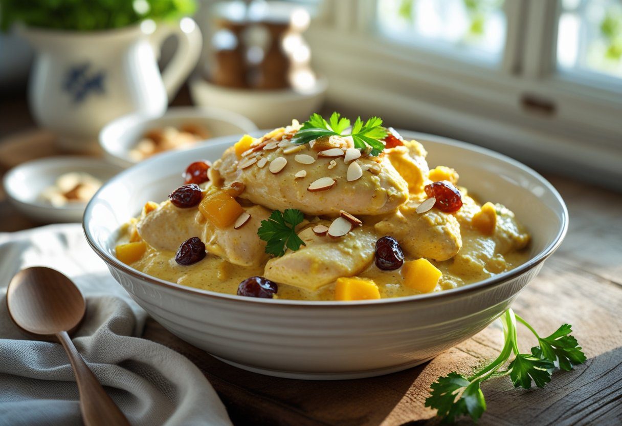 Mary Berry coronation chicken easy recipe served creamy and golden with mango chutney, mild curry powder, and sultanas in a classic British chicken salad