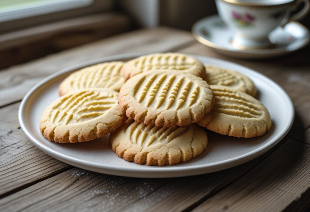 Mary Berry latest 3 ingredients cookies recipe showing buttery fork biscuits with golden edges served on a plate for classic British baking