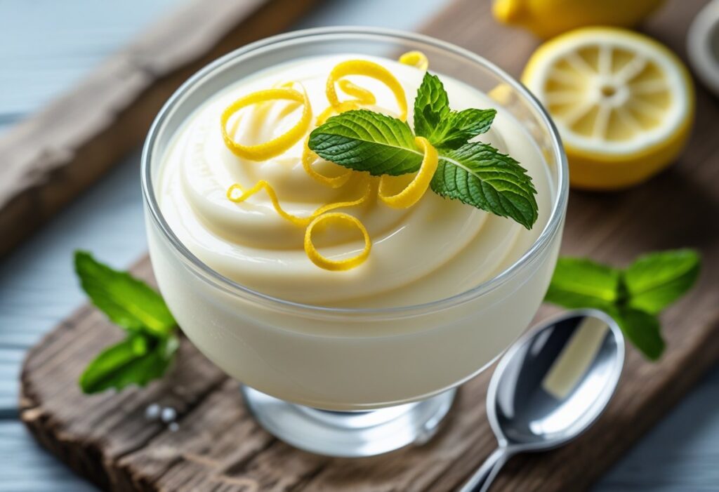 Mary Berry lemon posset easy recipe in a glass, creamy citrus dessert garnished with lemon zest and mint, perfect no-bake British desser