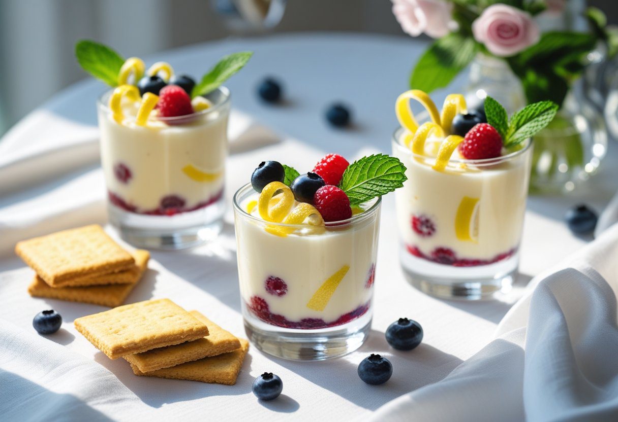 “Mary Berry lemon posset served in glasses with fresh berries, lemon zest, and shortbread, beautifully presented British desser