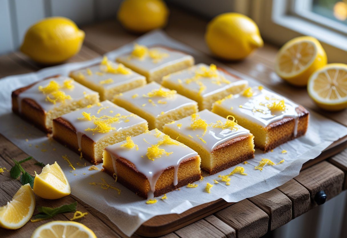 Mary Berry lemon traybake easy recipe with soft lemon sponge cake and glossy lemon icing drizzle, freshly sliced on a rustic table, classic British traybake dessert.