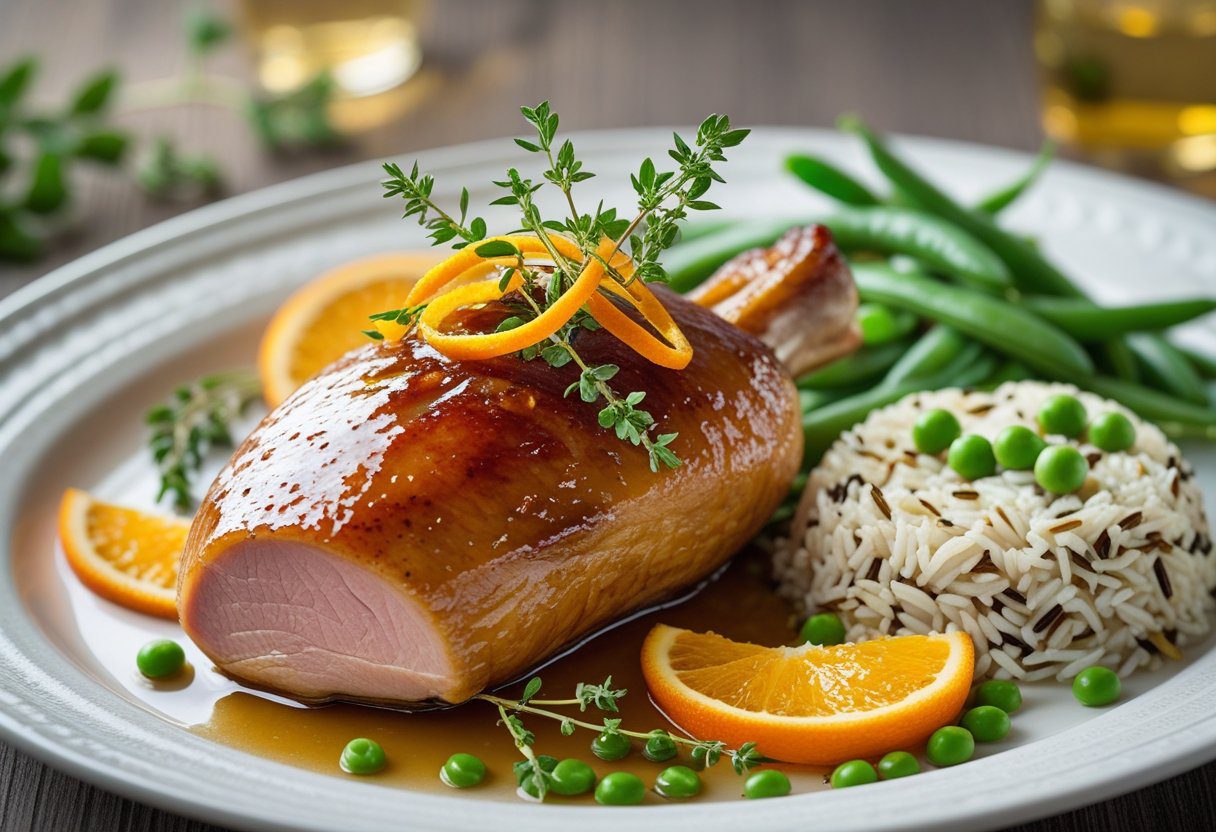 Mary Berry orange sauce for duck restaurant style on roasted duck breast with orange zest and thyme, served with wild rice and buttered greens, elegant fine dining presentation
