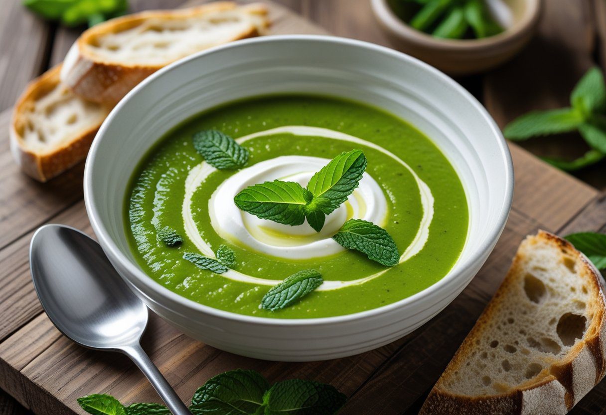 Mary Berry pea and mint soup easy recipe in a white bowl, garnished with fresh mint and crème fraîche, served with crusty bread on rustic wooden table.