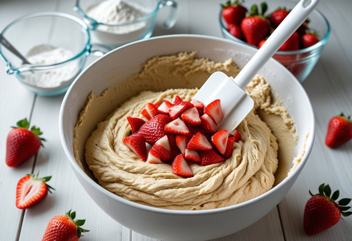 Mixing bowl with thick muffin batter and diced fresh strawberries being folded in gently, illustrating the preparation for Mary Berry strawberry muffins easy recipe.