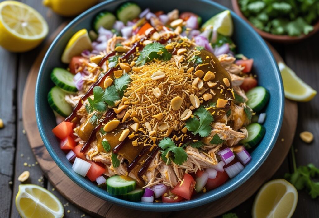 Overhead view of Easy Chicken Chaat Takeaway Recipe with spiced shredded chicken, fresh chopped vegetables, tangy tamarind and mint chutneys, crunchy sev, and coriander, served restaurant-style at home