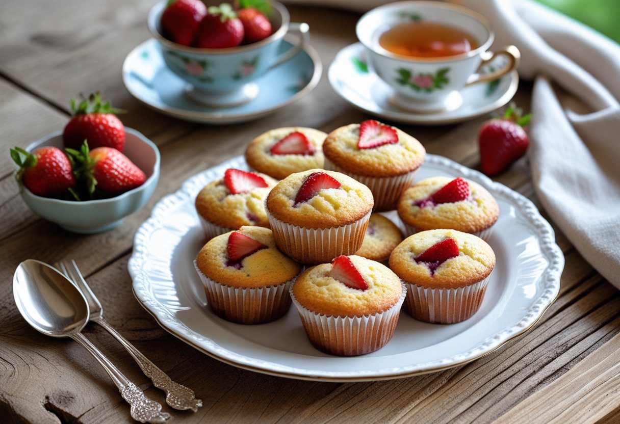 Plate of Mary Berry strawberry muffins served with tea and fresh strawberries on a wooden table, ideal for a brunch or breakfast setting.