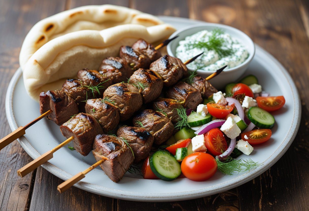Plated Greek lamb shish kebabs with pita, tzatziki sauce, and Greek salad, perfect quick meal for Mediterranean dinner