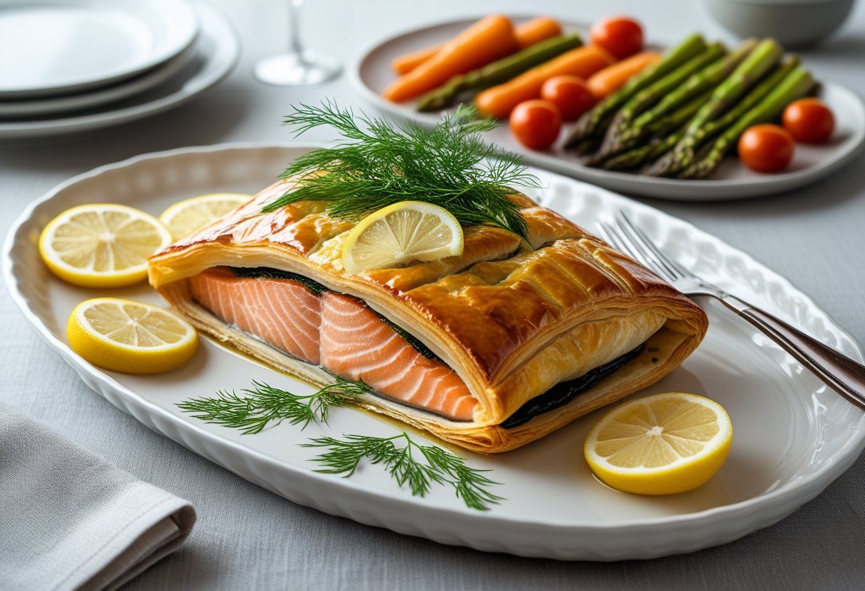 Plated Mary Berry Salmon en Croûte with golden puff pastry, lemon wedges, dill, and roasted vegetables, ready to serve