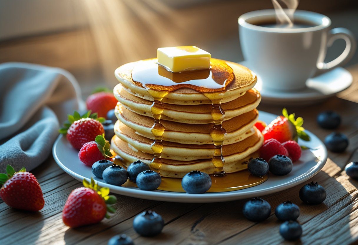 Plated stack of fluffy self-raising flour pancakes with fresh berries, maple syrup, and butter, perfect foolproof breakfast presentation