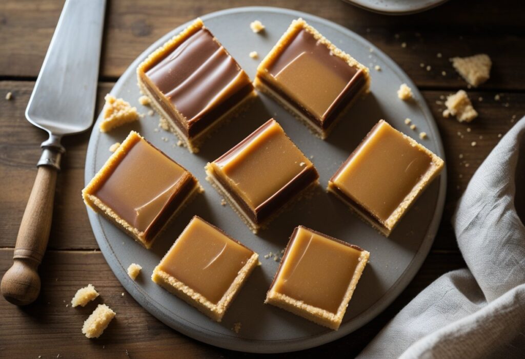 Quick Mary Berry caramel shortbread dessert with buttery shortbread base, rich gooey caramel layer, and glossy chocolate topping cut into neat squares