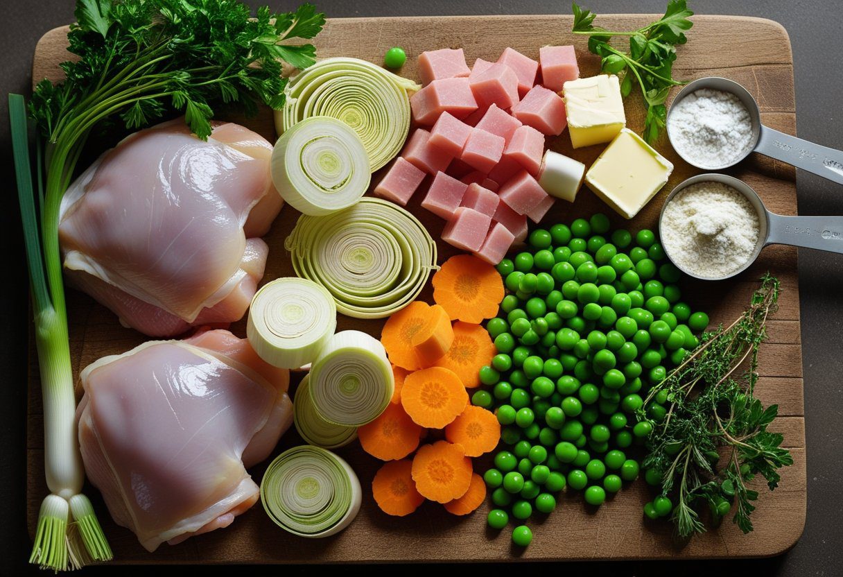 Raw chicken thighs, diced ham, leeks, carrots, peas, butter and flour on a wooden board – ingredients for creamy chicken and ham pie