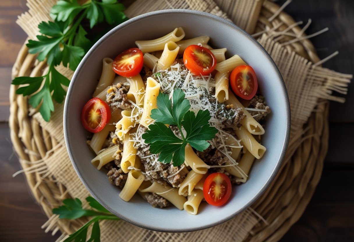 Restaurant-style haggis pasta garnished with parsley, cherry tomatoes, and Parmesan cheese, highlighting creamy sauce and rich, savory Scottish flavors.