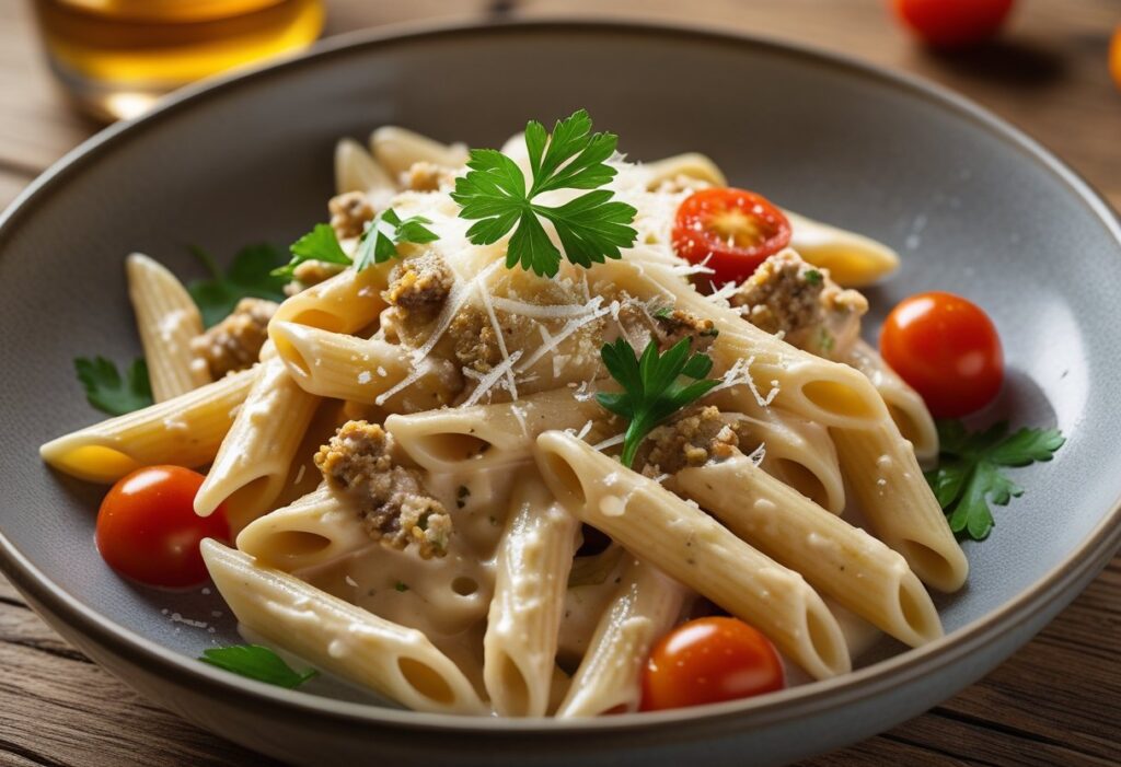 Restaurant-style haggis pasta with creamy whisky sauce, crumbled haggis, Parmesan, parsley, and cherry tomatoes in a rustic bowl, showcasing rich Scottish flavors.