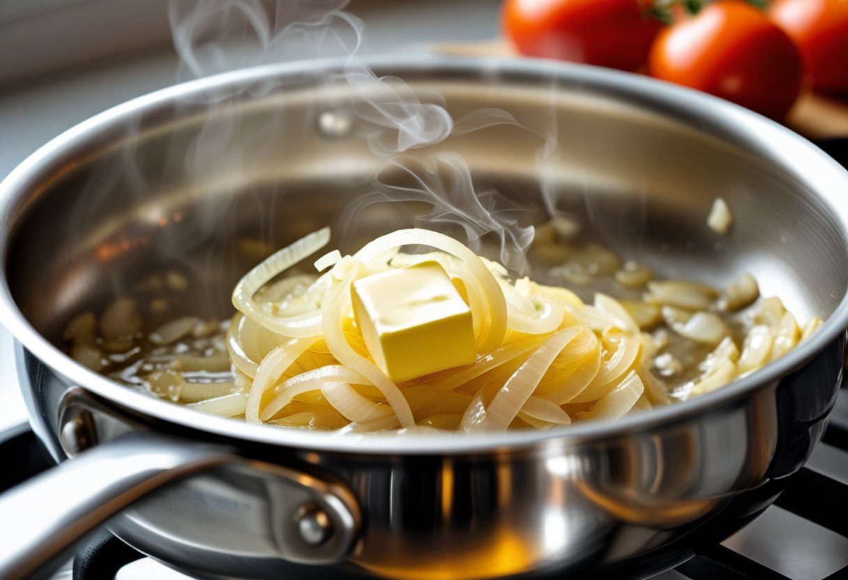 Sautéing onions in butter for three ingredient tomato soup tastiest ever, step-by-step cozy homemade soup recipe