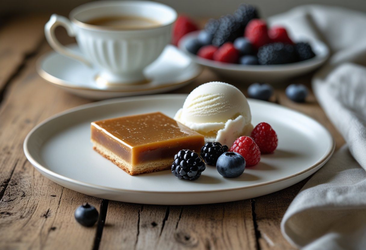 Served Mary Berry caramel shortbread dessert with vanilla ice cream and fresh berries on a rustic plate for a sweet indulgent treat