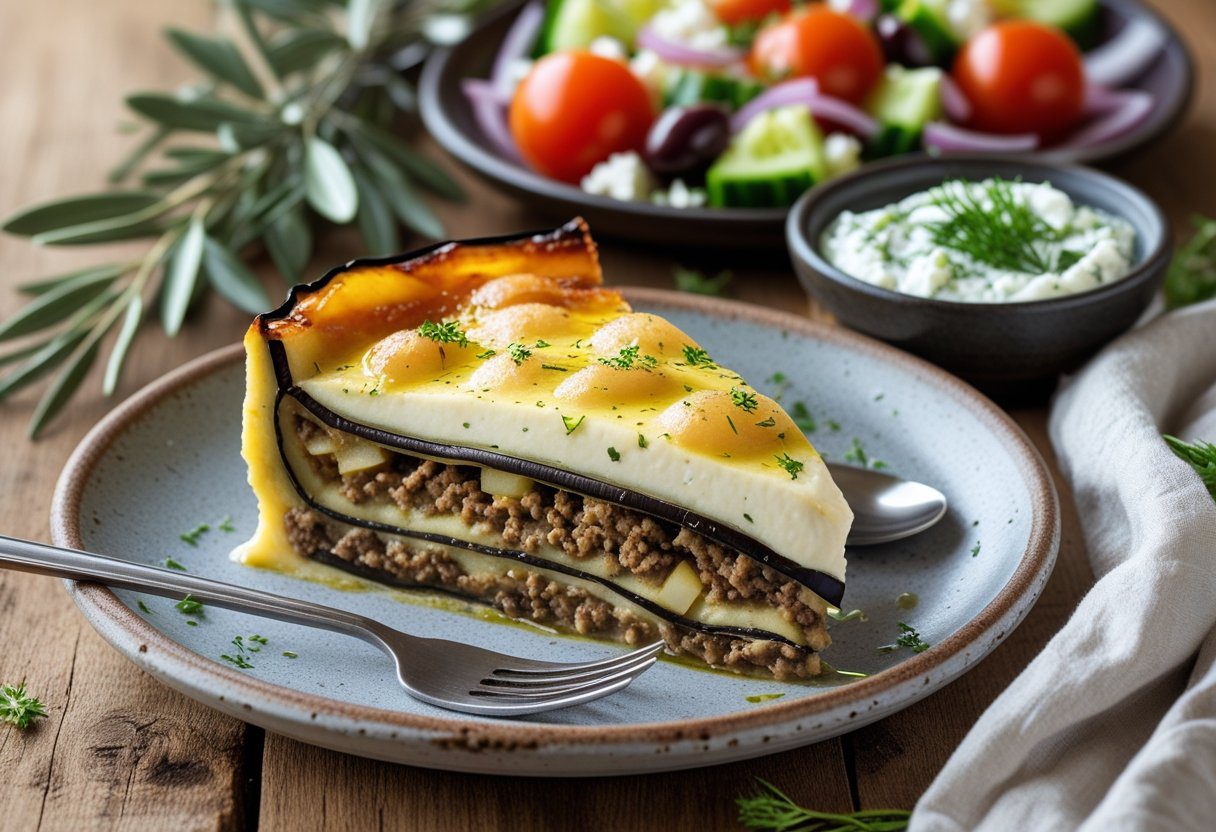 Serving authentic Greek moussaka with potatoes on a plate with Greek salad and tzatziki, ready-to-eat traditional Mediterranean meal