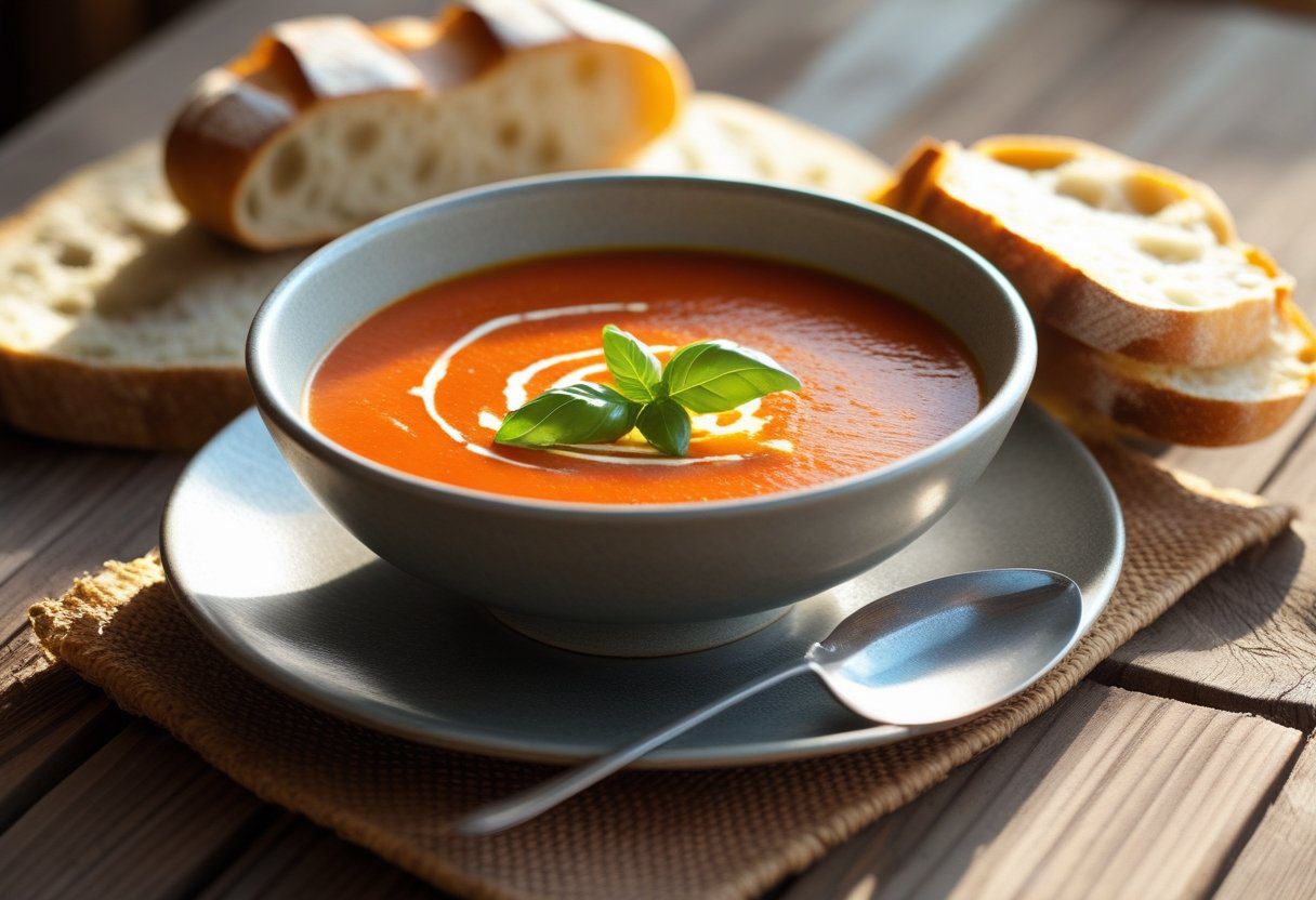 Serving three ingredient tomato soup tastiest ever with basil garnish and crusty bread, cozy homemade comfort food
