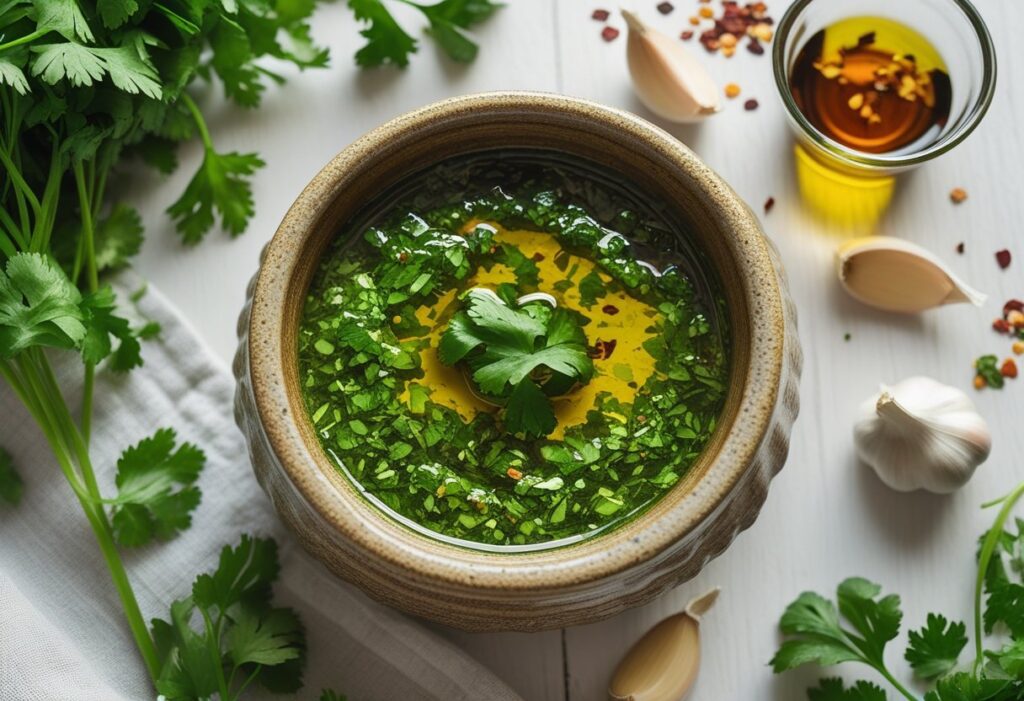 Simple chimichurri recipe with cilantro and parsley in a bowl, made with fresh herbs, olive oil, garlic, and vinegar, ready in 10 minutes