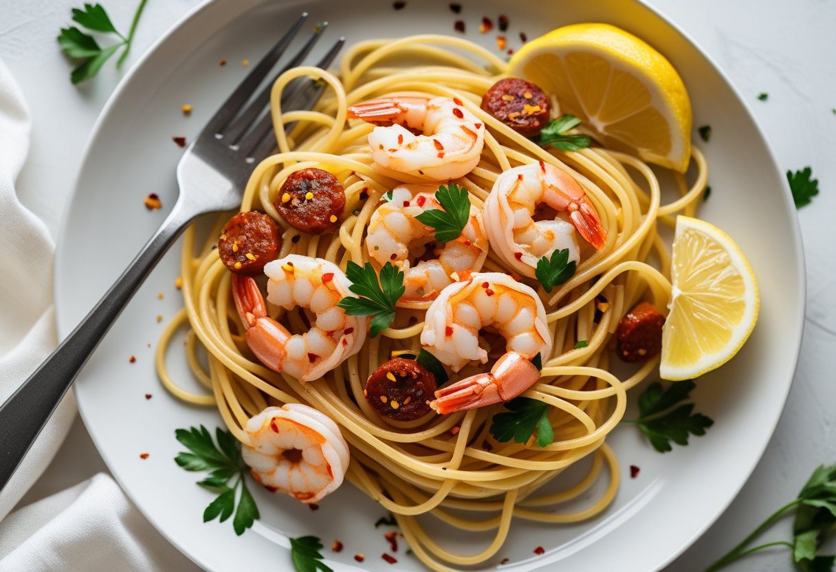 Single serving of healthy prawn and chorizo pasta with lemon wedge, parsley, and chili flakes, cream-free and nutrient-rich