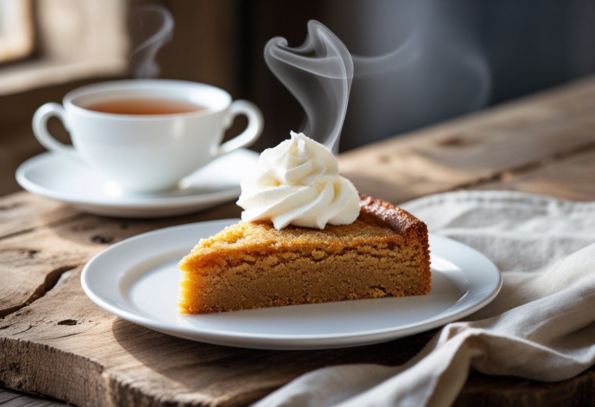 Slice of Easy Mary Berry Ginger Tray Bake served with cream and tea – soft spiced dessert, ideal for afternoon tea or family dessert occasions