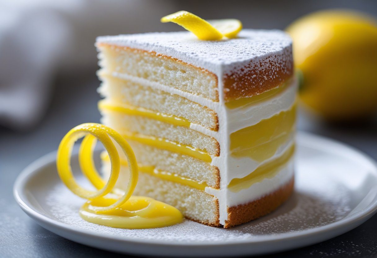 Slice of Mary Berry Lemon Curd Cake showing moist lemon sponge and swirled curd, garnished with powdered sugar and lemon twist for dessert.