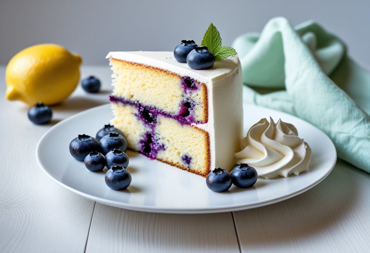 Slice of Mary Berry lemon blueberry cake with moist crumb and blueberries, served with whipped cream and fresh berries on a white plate.