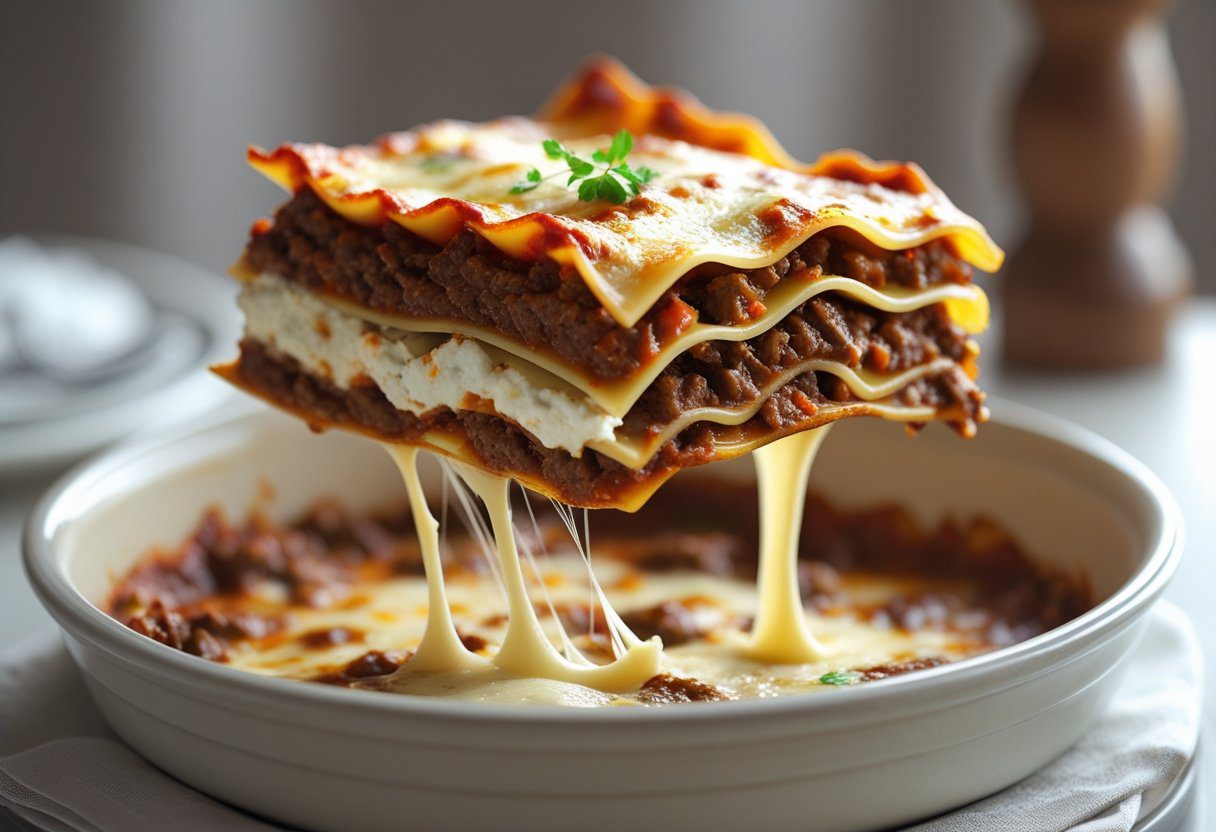 Slice of traditional beef lasagna with ricotta cheese showing perfect layers of pasta, juicy ground beef sauce, creamy ricotta and melted mozzarella.