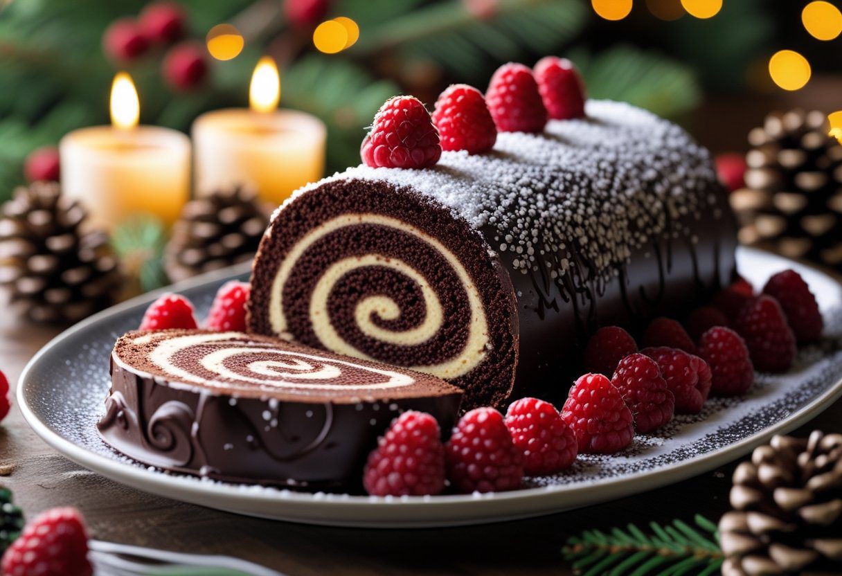 Sliced Mary Berry Chocolate Yule Log easy festive recipe showing chocolate swirl, served with fresh berries on a Christmas dessert table