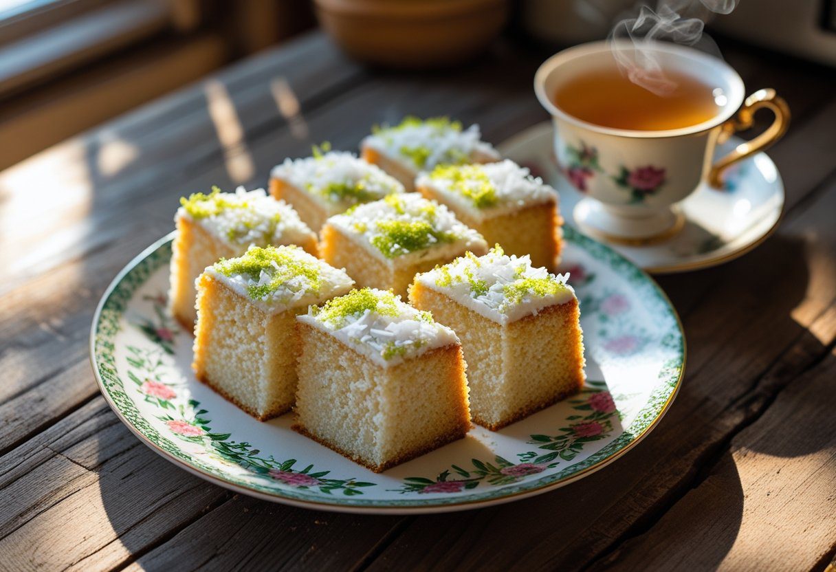 Sliced Mary Berry coconut cake recipe quick & delicious dessert – moist golden cake served on ceramic plate with tea, garnished with desiccated coconut and lime zest