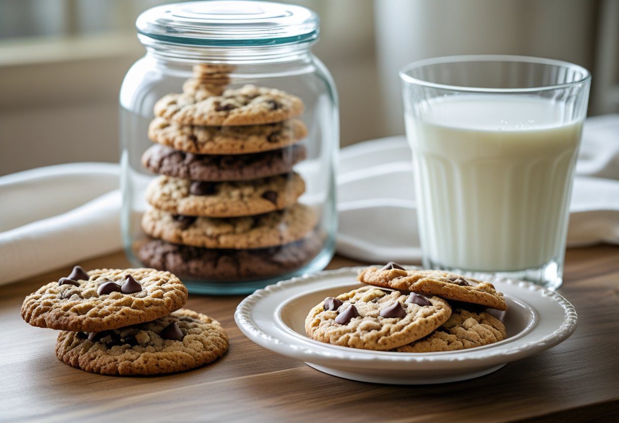 Soft peanut butter cookies stored in an airtight jar and served on a plate, perfect for keeping cookies fresh and chewy.
