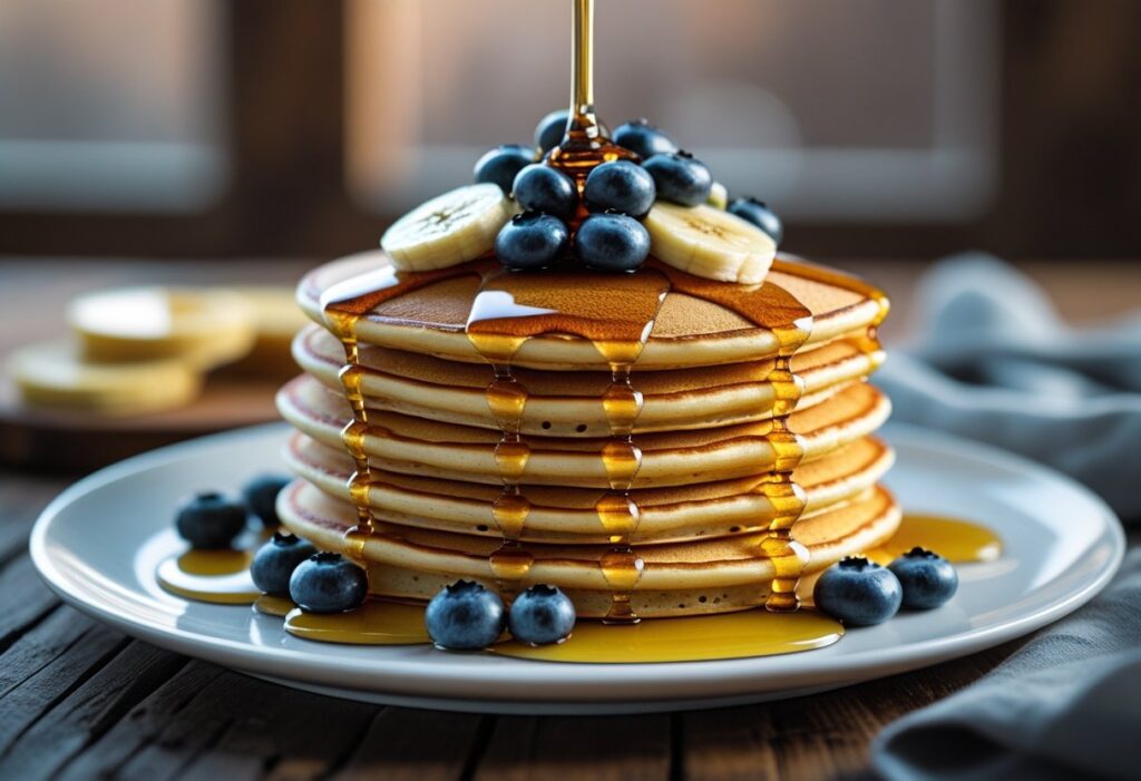 “Stack of fluffy self-raising flour pancakes drizzled with maple syrup and topped with fresh blueberries and bananas, perfect foolproof breakfast recipe