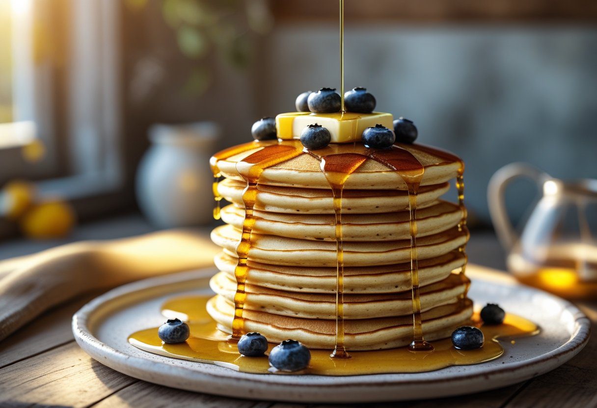 Stack of fluffy self-raising flour pancakes drizzled with maple syrup, topped with fresh blueberries and bananas, perfect foolproof breakfast recipe