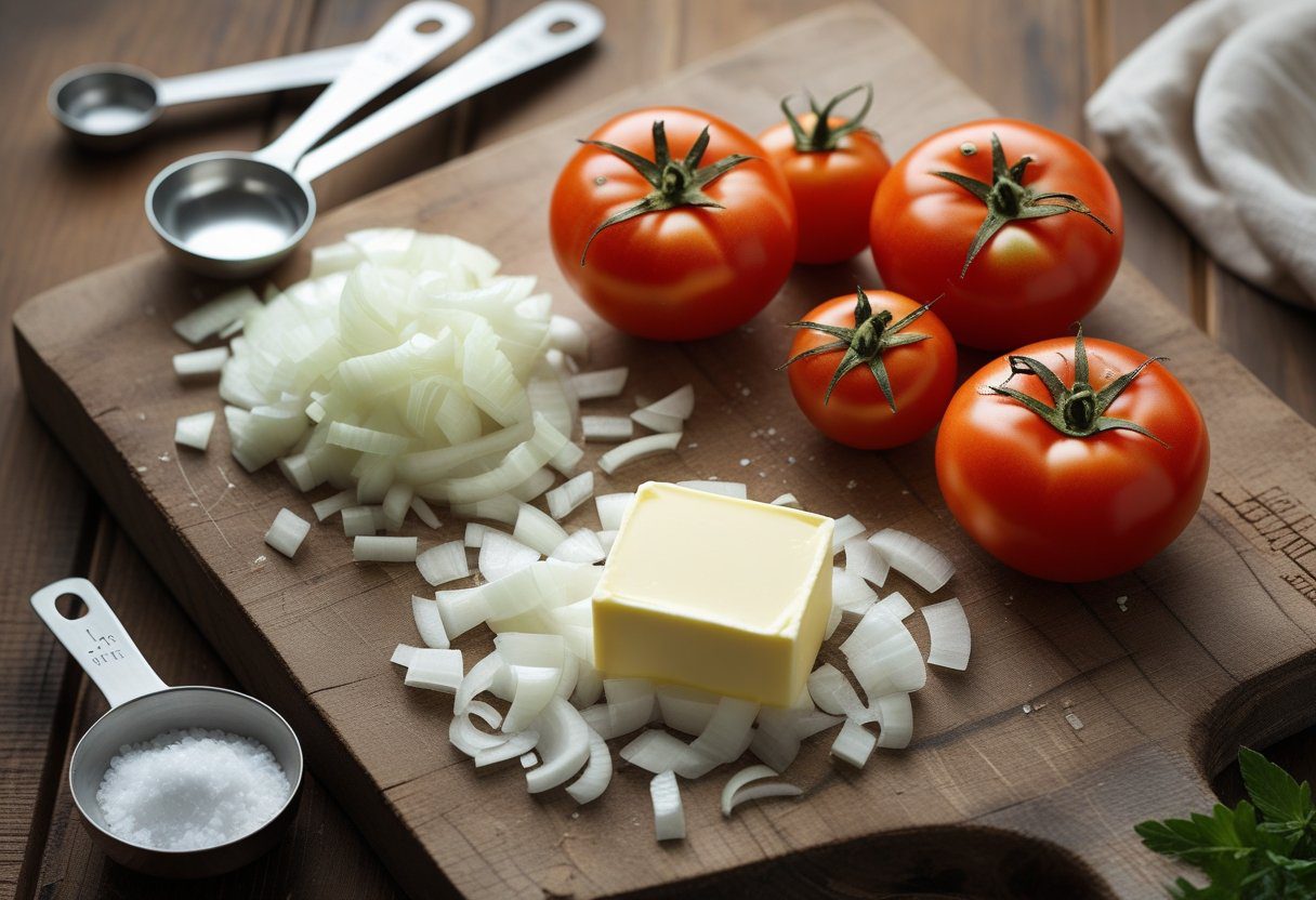 Three ingredient tomato soup ingredients flat lay with fresh tomatoes, chopped onion, and butter, ready for easy homemade cozy soup