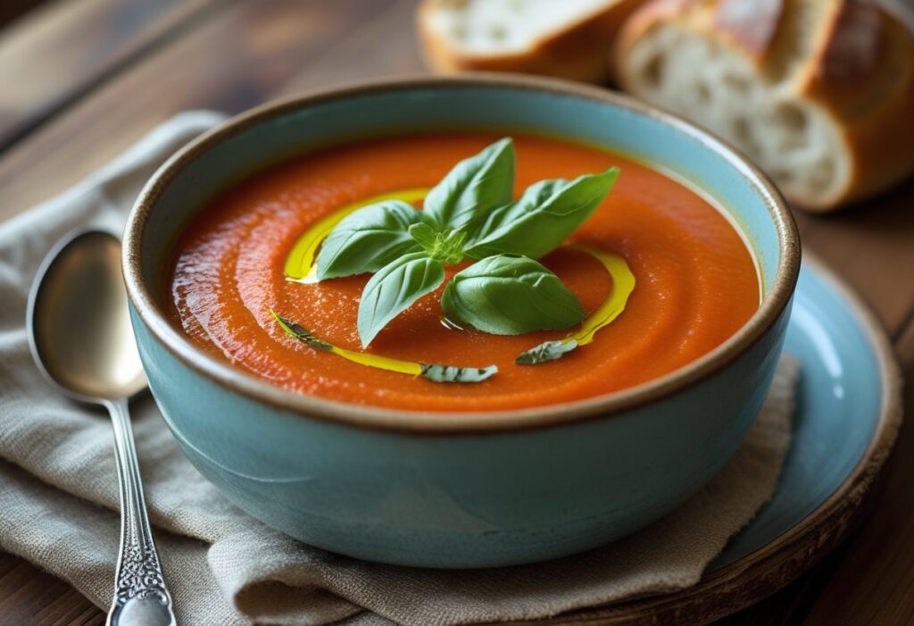 “Three ingredient tomato soup tastiest ever served in rustic bowl with basil garnish and olive oil drizzle, cozy comfort food, easy homemade soup recipe