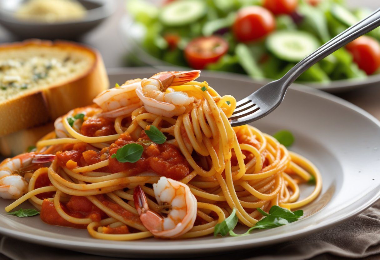 Tomato Prawn Pasta Prawn Arrabbiata Recipe served with garlic bread and green salad, showing a complete Mediterranean meal presentation.